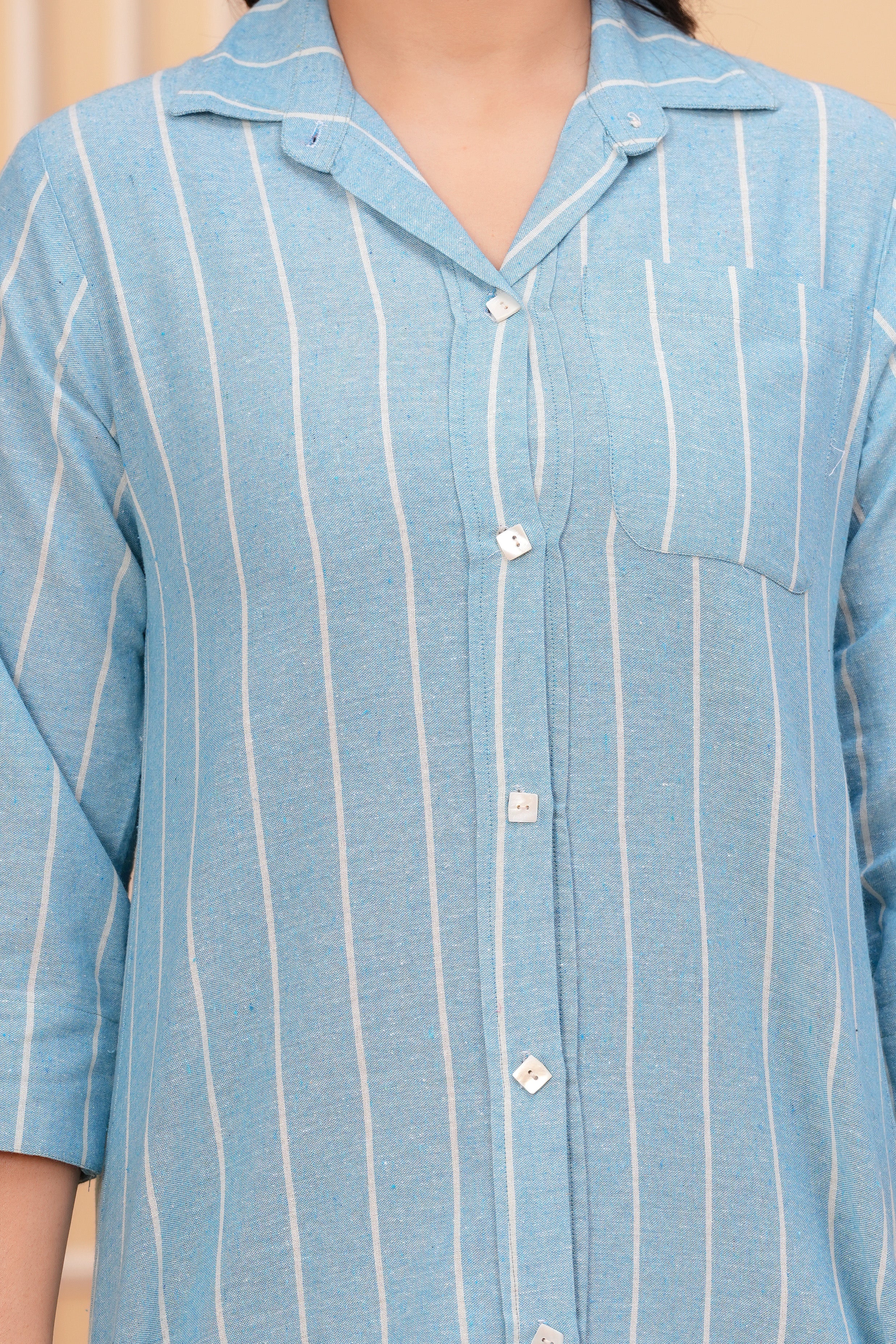 Sky Blue Linen Striped Short Kurti Dress